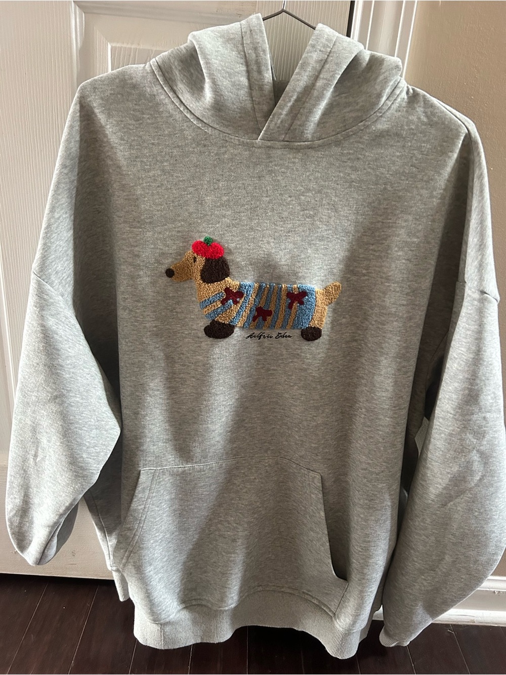 Gray Hoodie with Embroidered Dachshund Design X Large